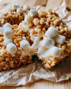 Extreme close-up of thick brown butter treats being pulled apart with gooey marshmallow webbing. (rice krispie treats recipe)