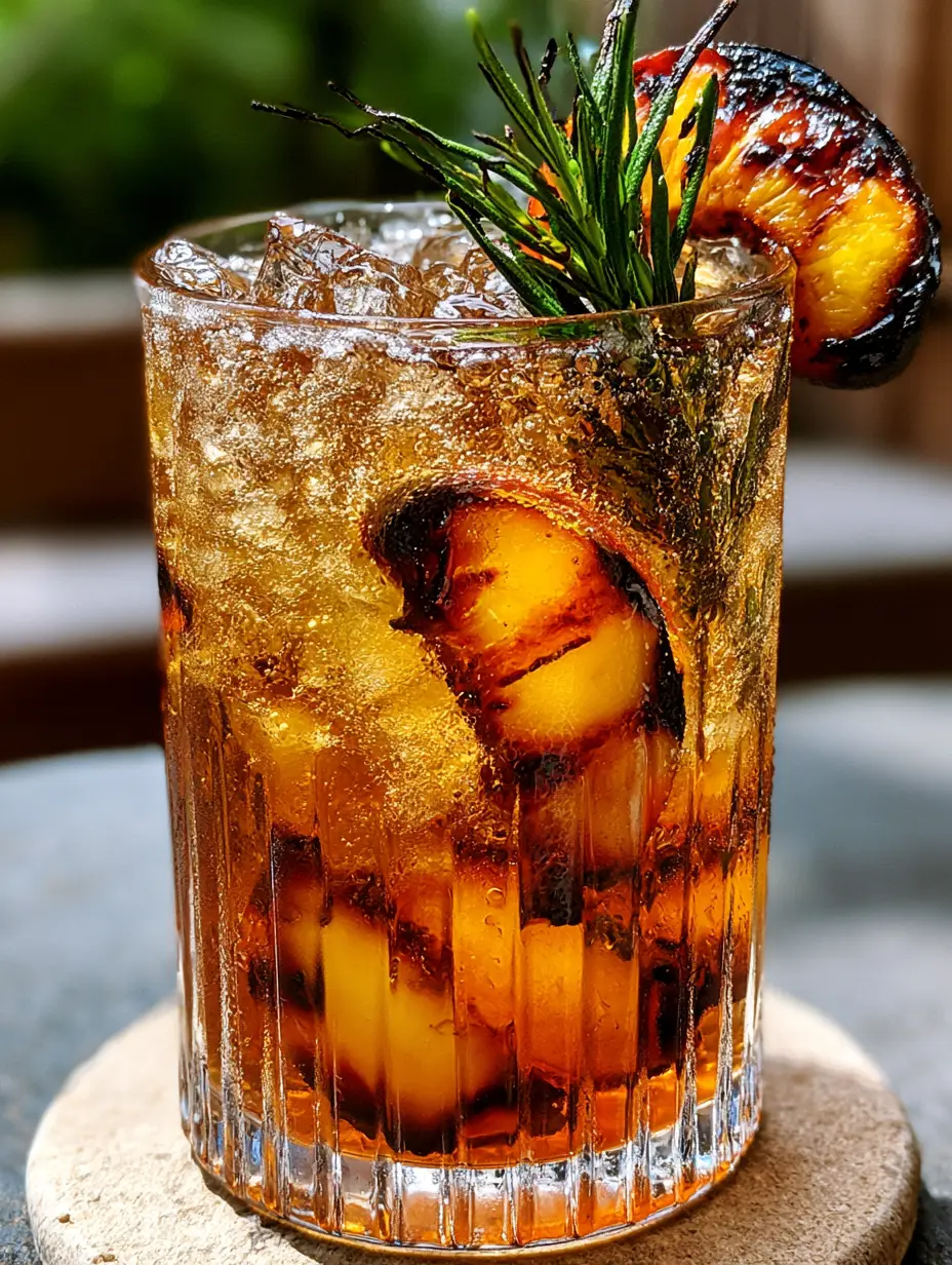 Grilled Peach Bourbon Lemonade: The Ultimate Smoky Summer Cocktail 3 Close up of Grilled Peach Bourbon Lemonade showing heavy condensation and caramelized peach edges.