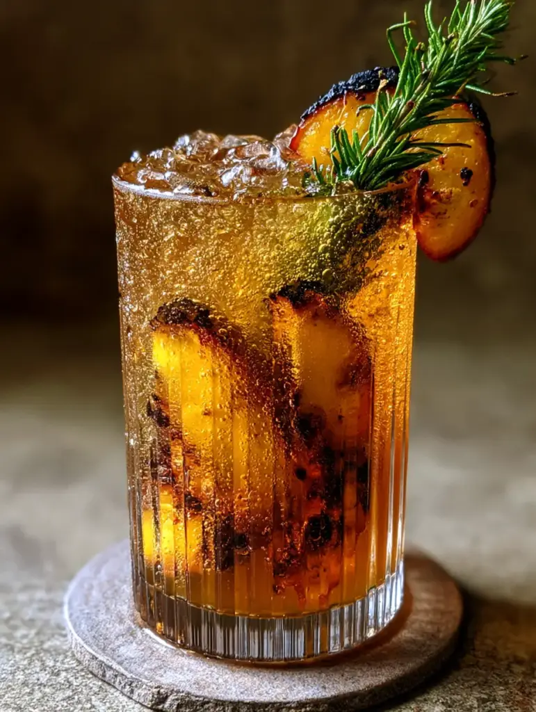 Grilled Peach Bourbon Lemonade: The Ultimate Smoky Summer Cocktail 1 Backlit photo of Grilled Peach Bourbon Lemonade highlighting the bubbles and peach pulp.