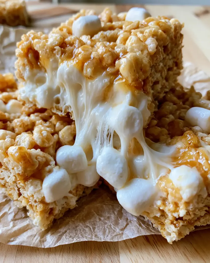 Two rice krispie treats on parchment paper highlighting the crispy toasted cereal and glossy marshmallow texture.