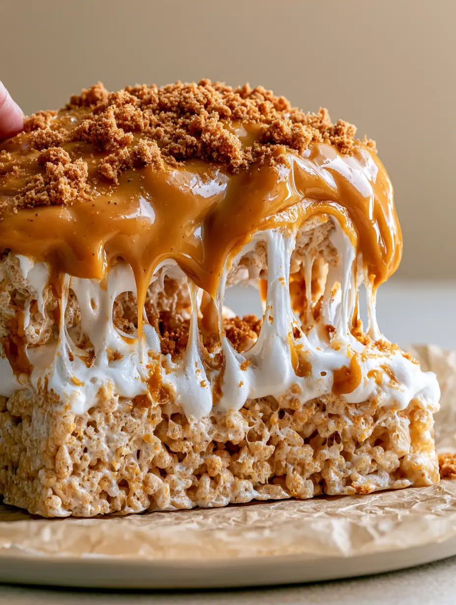 Eye-level shot of a Biscoff Rice Krispie treat being pulled apart with stretchy marshmallow strings. (Biscoff Rice Krispie treats)