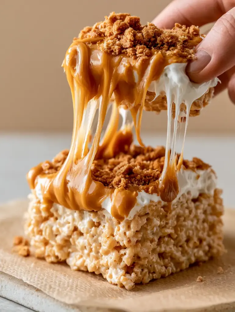 Macro shot of the glossy cookie butter drizzle and speculoos crumbs on Biscoff Rice Krispie treats.