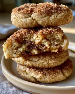 Close-up of oversized Brown Butter Snickerdoodles showing a deeply crackled golden-tan surface and cinnamon sugar crystals.