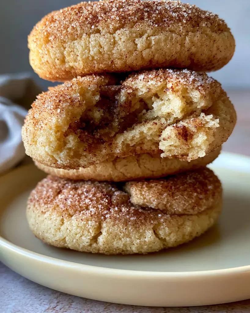 A broken Brown Butter Snickerdoodle revealing an underbaked fudgy center with visible dark brown butter specks.