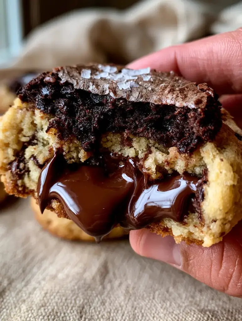 Brookie Cookies: The Ultimate Fudgy Brownie and Chewy Chocolate Chip Hybrid 1 Detailed shot of brookie cookies on beige linen, highlighting the flaky Maldon sea salt and glossy brownie finish.