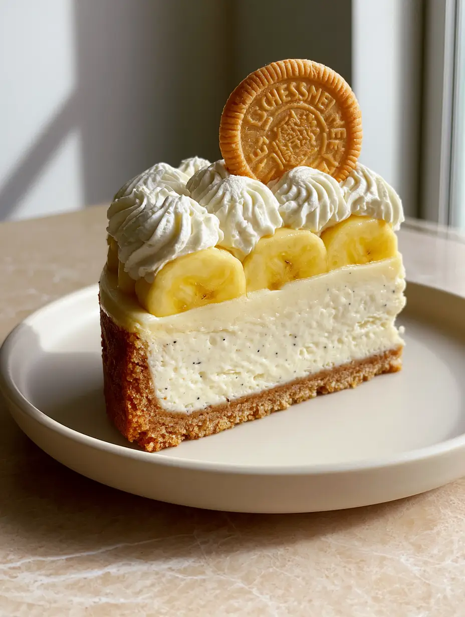 Close-up of a velvety-smooth, pale-yellow banana cream cheesecake layer with vanilla bean specks. (banana pudding cheesecake)