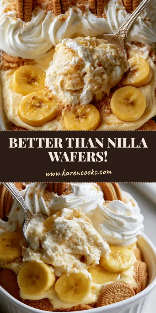 A vertical high-angle shot of a premium white ceramic baking dish filled with thick, decadent Paula Deen Banana Pudding with Chessmen cookies and a vintage spoon.
