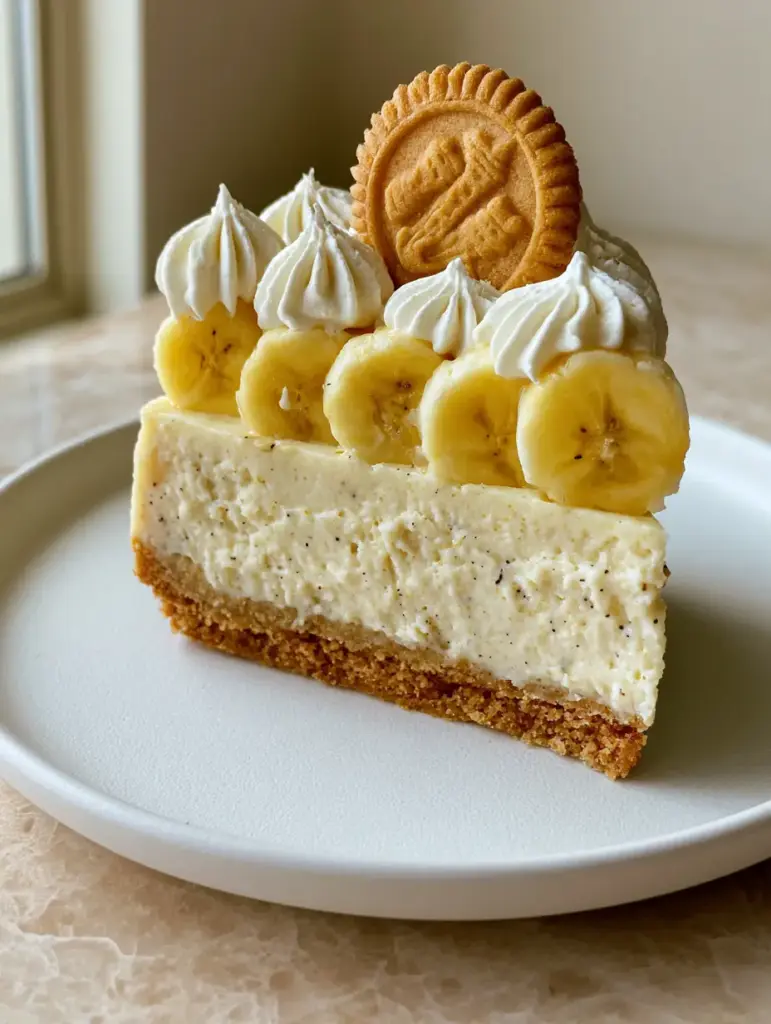 High-end food styling of banana pudding cheesecake on a marble countertop with soft natural lighting.