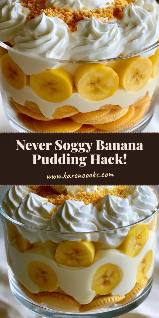 A tall clear glass trifle dish filled with classic banana pudding showing distinct layers of wafers, pale cream pudding, and fresh banana slices topped with whipped cream.