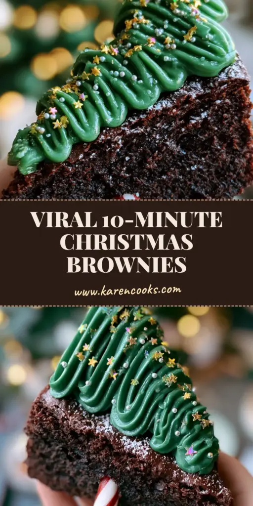 A triangular Christmas tree brownie with forest green buttercream zigzag, gold stars, silver pearls, and a candy cane trunk held in a hand. (christmas brownie)
