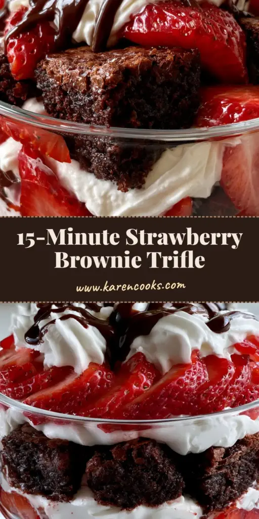 A tall glass bowl filled with a strawberry brownie trifle showing distinct layers of fudgy chocolate, white cream, and red berries.