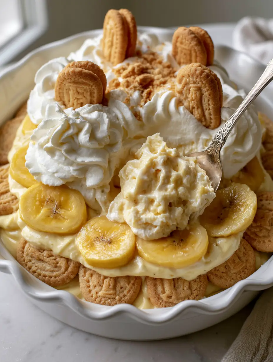 A close up of the pale yellow vanilla bean custard and bright yellow banana layers of a Paula Deen Banana Pudding.