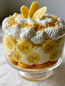 Close-up of a gourmet classic banana pudding in a glass dish with vibrant white centers of banana slices and vanilla bean flecks.