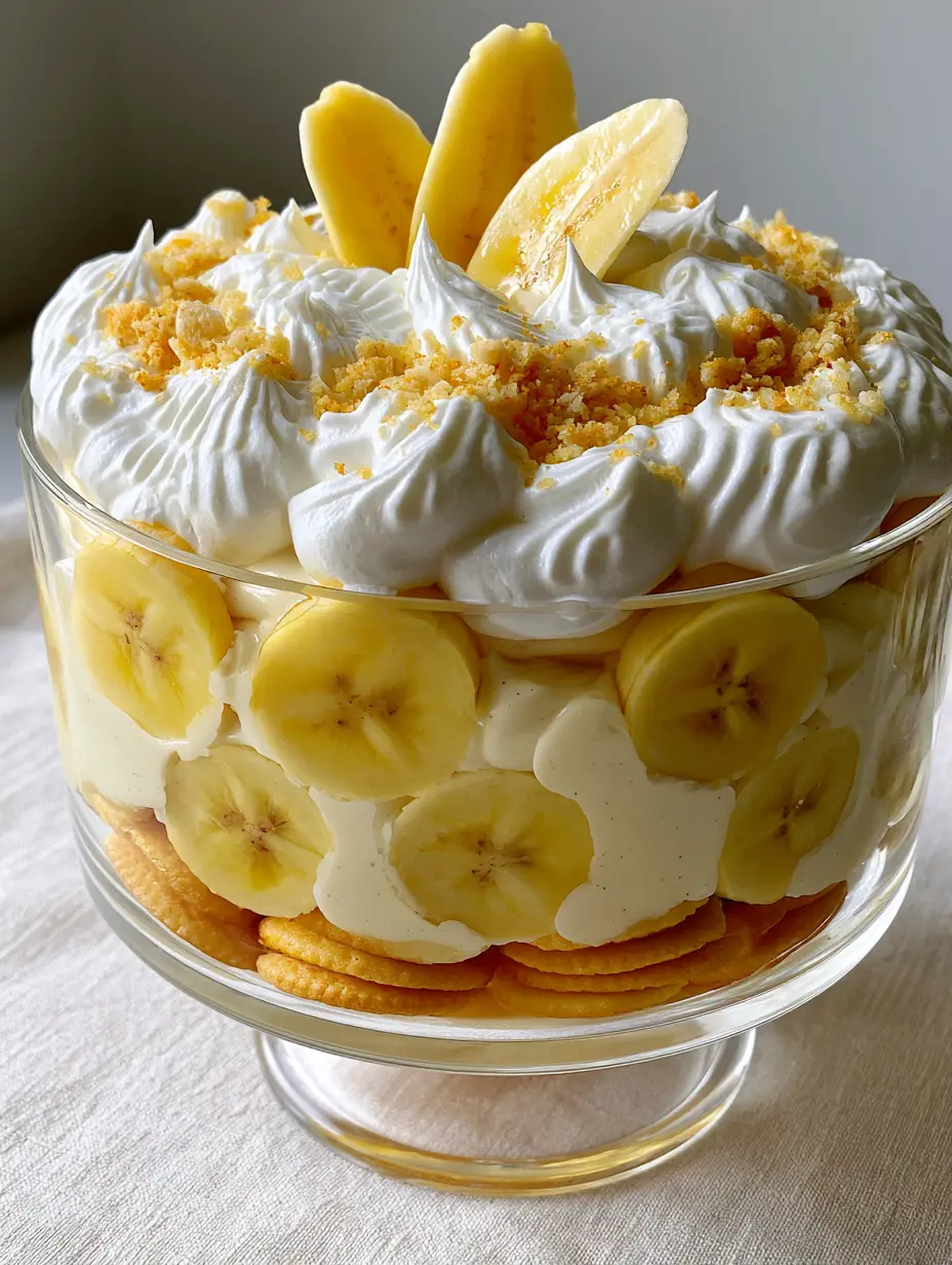Close-up of a gourmet classic banana pudding in a glass dish with vibrant white centers of banana slices and vanilla bean flecks.