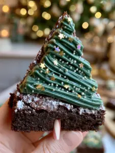 Extreme close-up of the fudgy dark chocolate texture and shiny crinkle top of a christmas brownie.