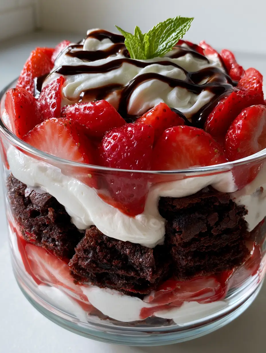 A close-up handheld smartphone photo of a strawberry brownie trifle with glossy strawberries and fudgy brownie chunks.