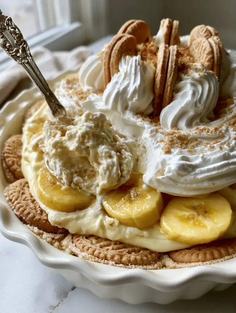 A large messy scoop of Paula Deen Banana Pudding being lifted by a silver spoon, revealing dense cream cheese custard.