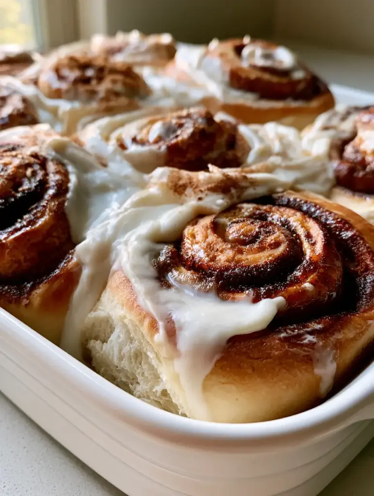 Close-up of thick white cream cheese frosting dripping into the warm crevices of a jumbo cinnamon roll.