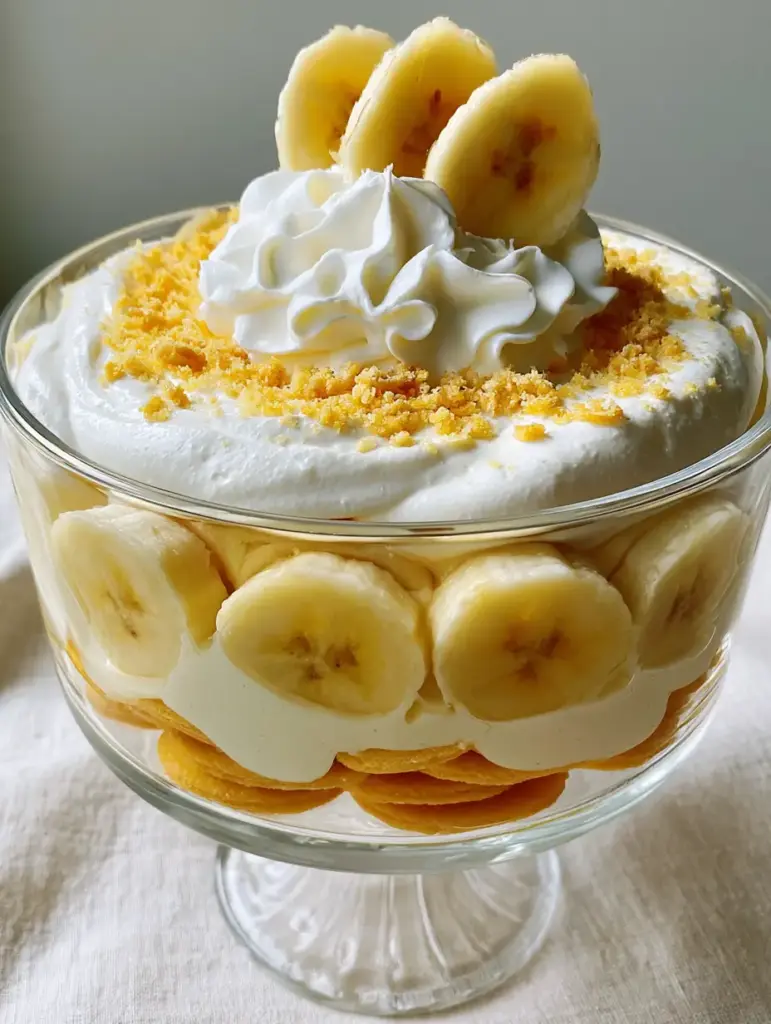 A side view of the classic banana pudding layers showing the golden vanilla wafers and stiff-peaked white whipped cream.