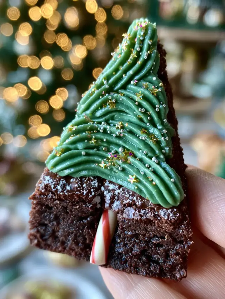 Macro photography of the forest green buttercream zigzag and gold star sprinkles on a triangular brownie. (christmas brownie)