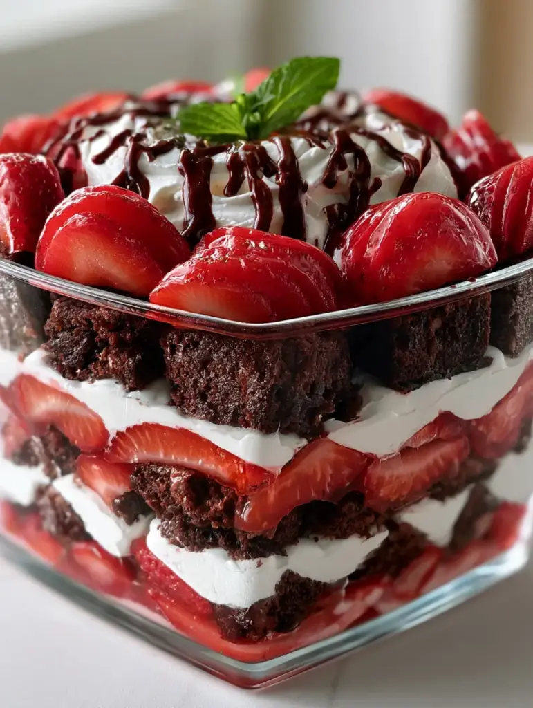 Overhead view of a strawberry brownie trifle with dark chocolate drizzle and a fresh mint leaf garnish.
