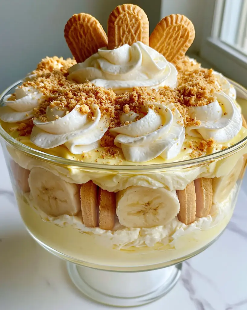 Magnolia Banana Pudding: The Ultimate NYC Bakery Copycat Recipe 1 Extreme close-up of the top of the magnolia banana pudding garnished with cookie crumbs and standing wafers.