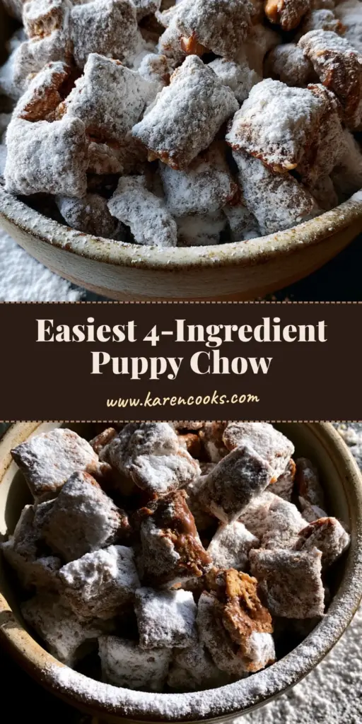 A rustic ceramic bowl overflowing with crispy puppy chow recipe treats, showing thick chocolate coating and white powdered sugar on a dark slate background.