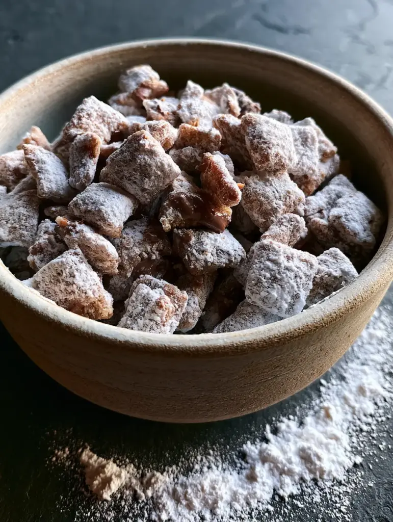 Close-up high-angle shot of puppy chow recipe in a ceramic bowl, featuring velvety powdered sugar and gooey chocolate underneath.