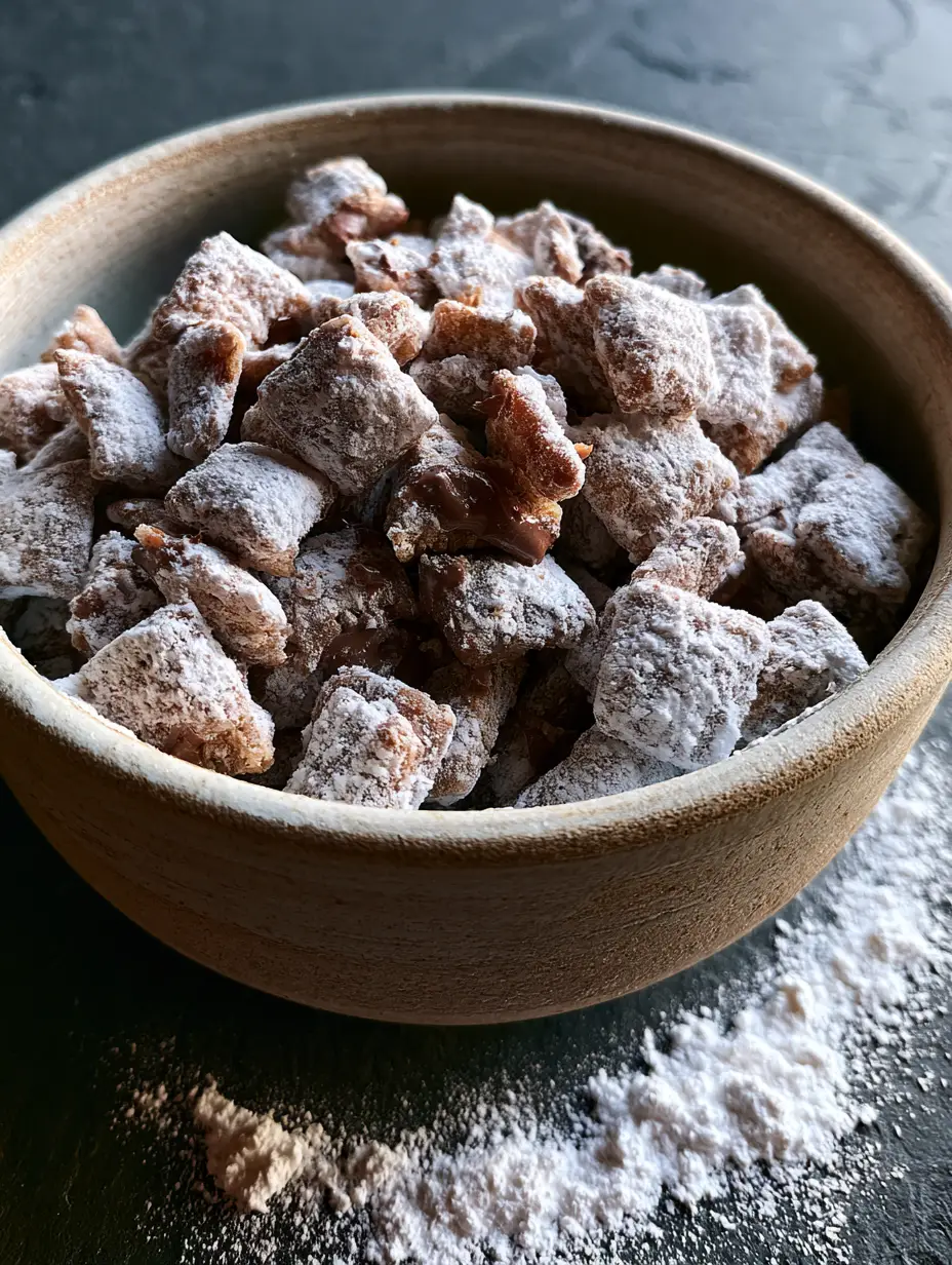 Close-up high-angle shot of puppy chow recipe in a ceramic bowl, featuring velvety powdered sugar and gooey chocolate underneath.