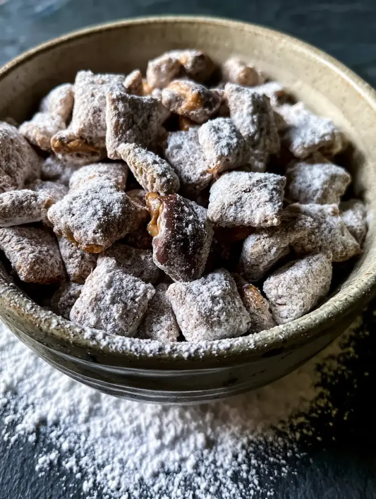 Individual pieces of puppy chow recipe cereal coated in melted milk chocolate and creamy peanut butter on a dark slate table.