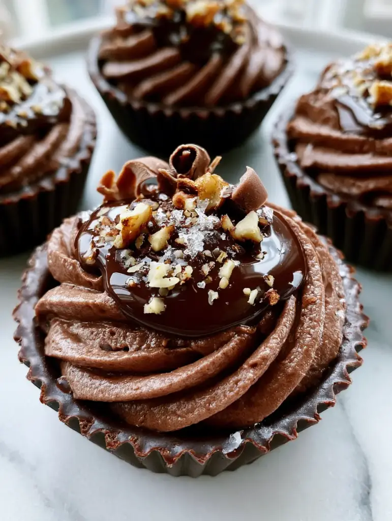 Nutella Cheesecake Chocolate Cups with Toasted Hazelnuts 2 Close-up of a swirled Nutella cheesecake filling inside a dark chocolate shell with toasted hazelnuts. (Nutella Cheesecake Chocolate Cups)