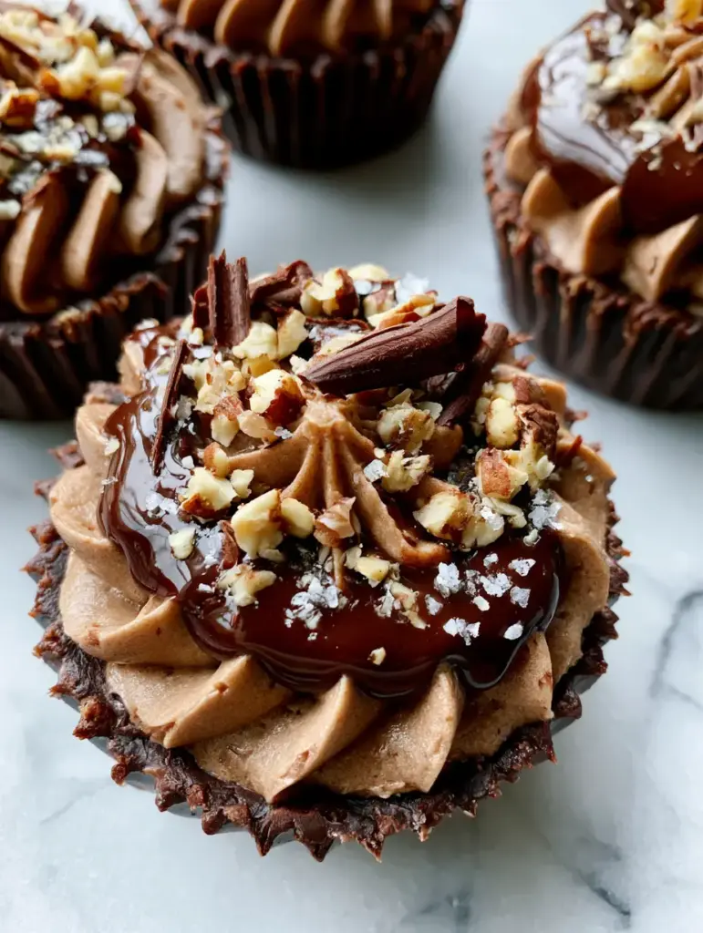 Nutella Cheesecake Chocolate Cups with Toasted Hazelnuts 1 Overhead view of multiple Nutella Cheesecake Chocolate Cups showing the glossy Nutella drizzle and chocolate shavings.