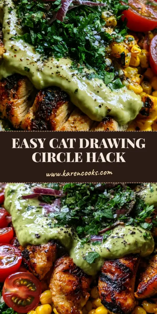 Cat drawing idea: How to Plate a Masterpiece Multi-Layered Harvest Bowl 4 A colorful overhead shot of a harvest bowl, styled like a vibrant cat drawing idea with layered chicken, corn, and greens.