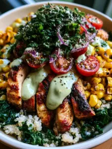 Macro top-down view of charred corn and seared chicken in a harvest bowl (cat drawing idea).