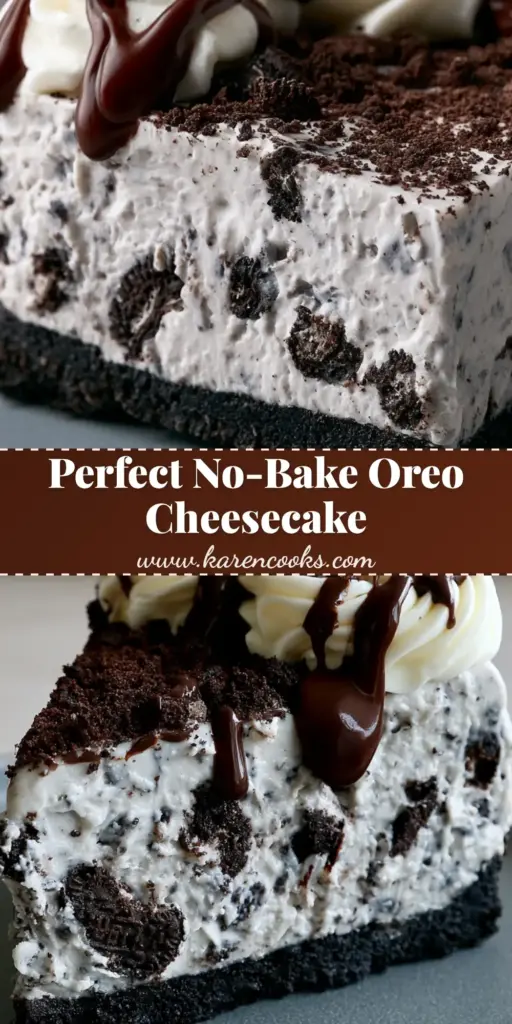 A clean cut slice of ultra-thick, velvety no-bake Oreo cheesecake on a modern matte grey ceramic plate with whipped cream rosettes and chocolate drizzle. (no bake oreo cheesecake)