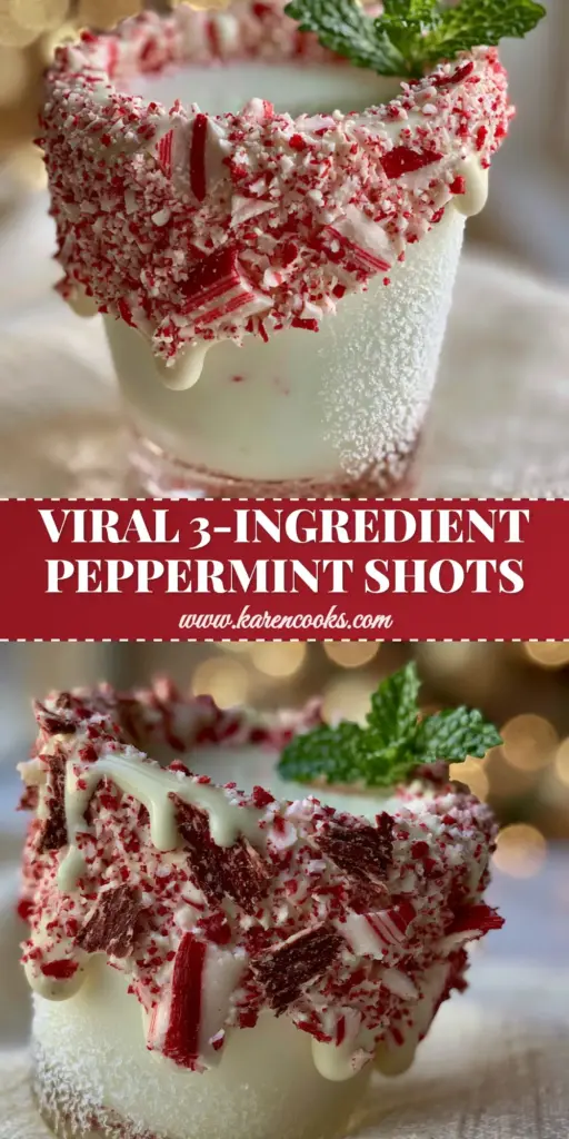 Christmas Peppermint Shots: The Ultimate Creamy Holiday Cocktail 4 A festive Christmas Peppermint Shot with a thick dripping white chocolate rim, crushed candy cane shards, and a fresh mint garnish in a frosted glass.