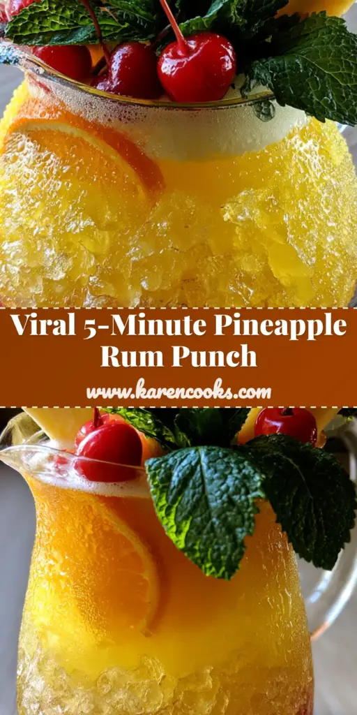 A condensation-covered pitcher of golden pineapple rum punch with thick pineapple wedges and mint sprigs. (pineapple rum punch)