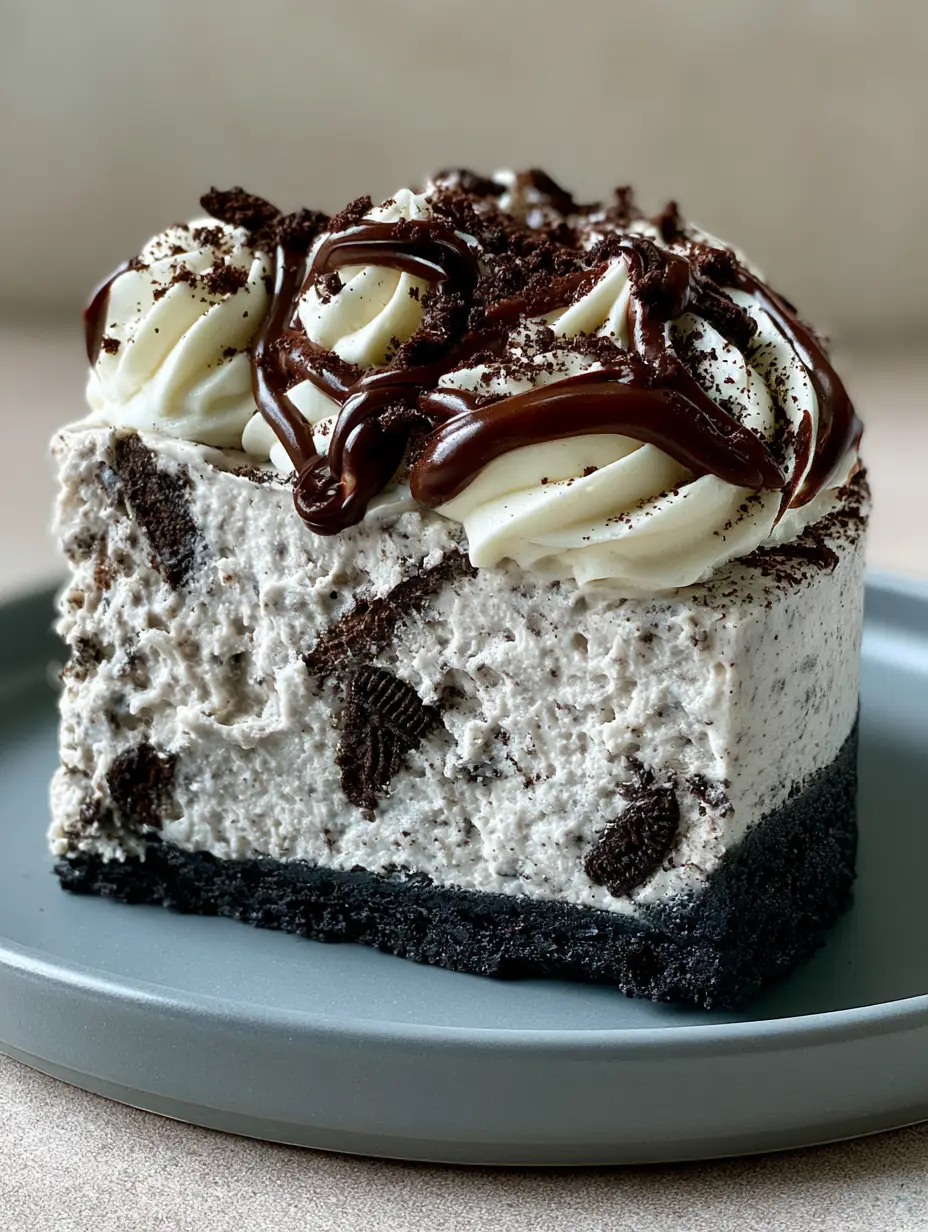 Top down view of a dense, pale grey cheesecake mixture marbled with chunks of cookies and a dark chocolate foundation. (no bake oreo cheesecake)