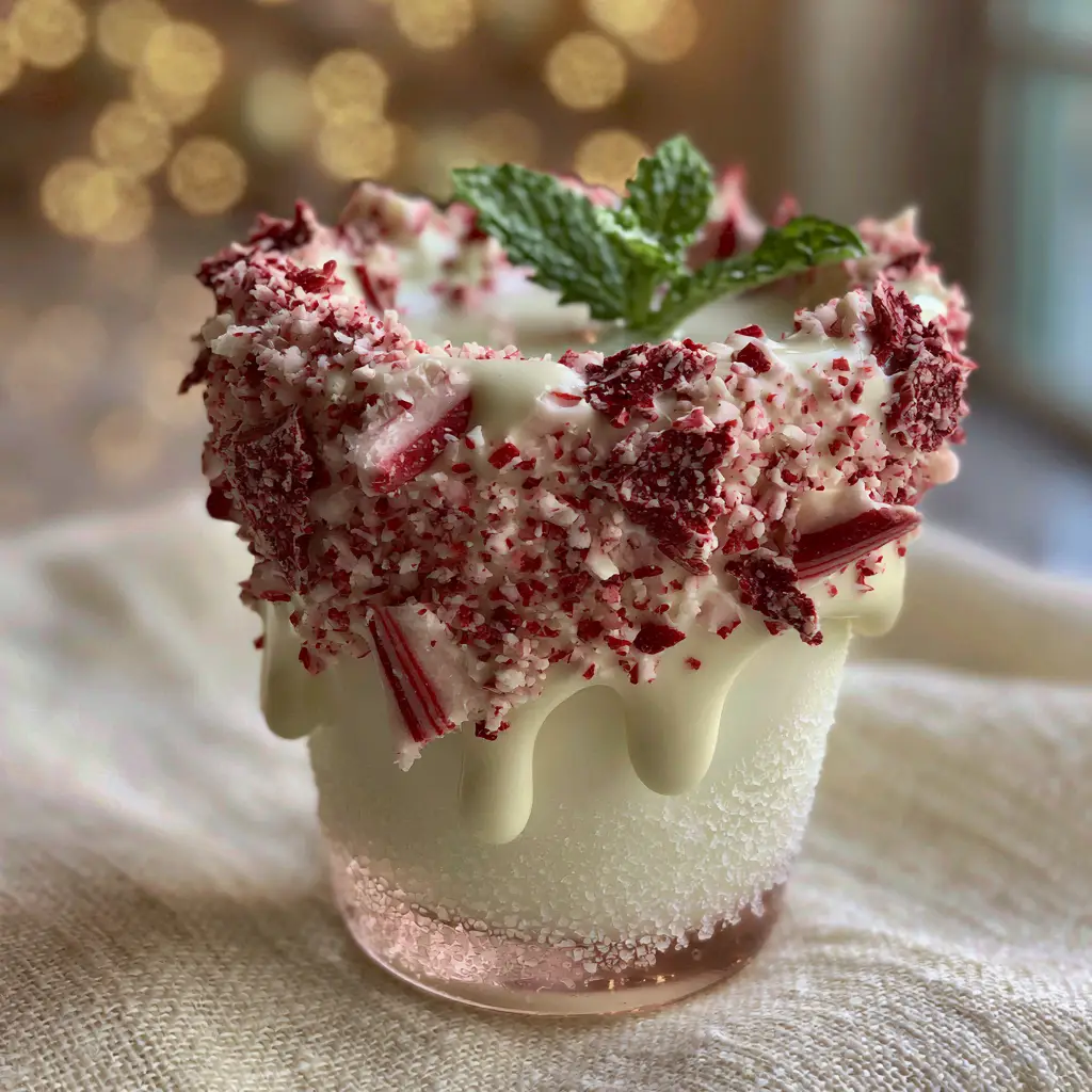 Christmas Peppermint Shots: The Ultimate Creamy Holiday Cocktail 2 A handheld smartphone photo of a Christmas Peppermint Shot glass held tilted, showing the ultra-creamy white liqueur and dripping chocolate rim.