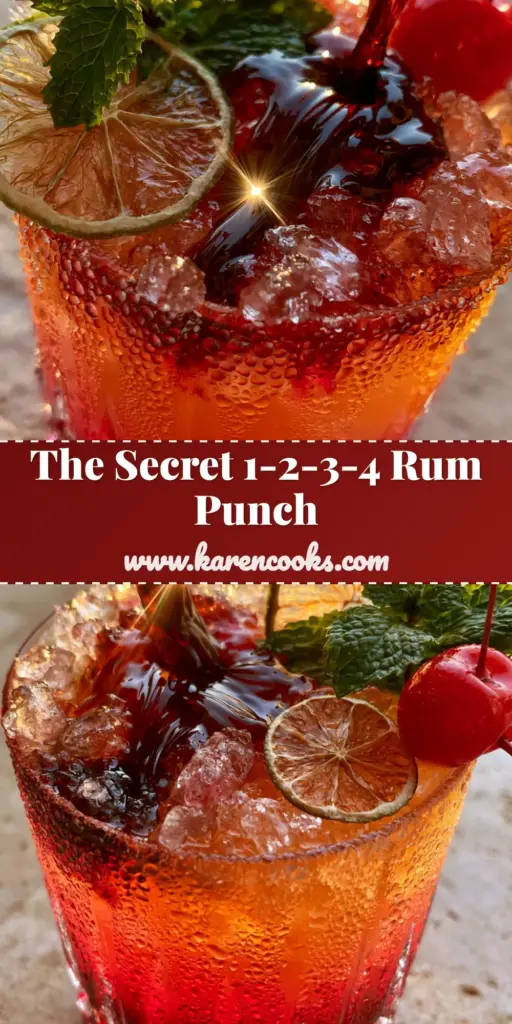 A vibrant Jamaican Rum Punch with a hibiscus red bottom, orange middle, and dark rum float in a frosted crystal glass. (Rum Punch)