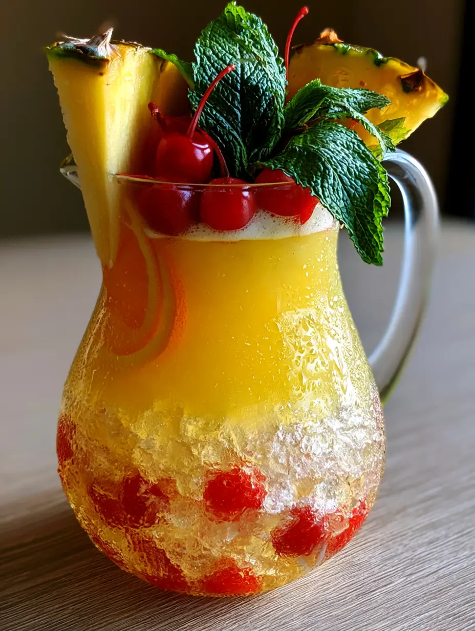 Close up of a vibrant golden pineapple rum punch pitcher showing crushed ice and orange wheels pressed to the glass. (pineapple rum punch)