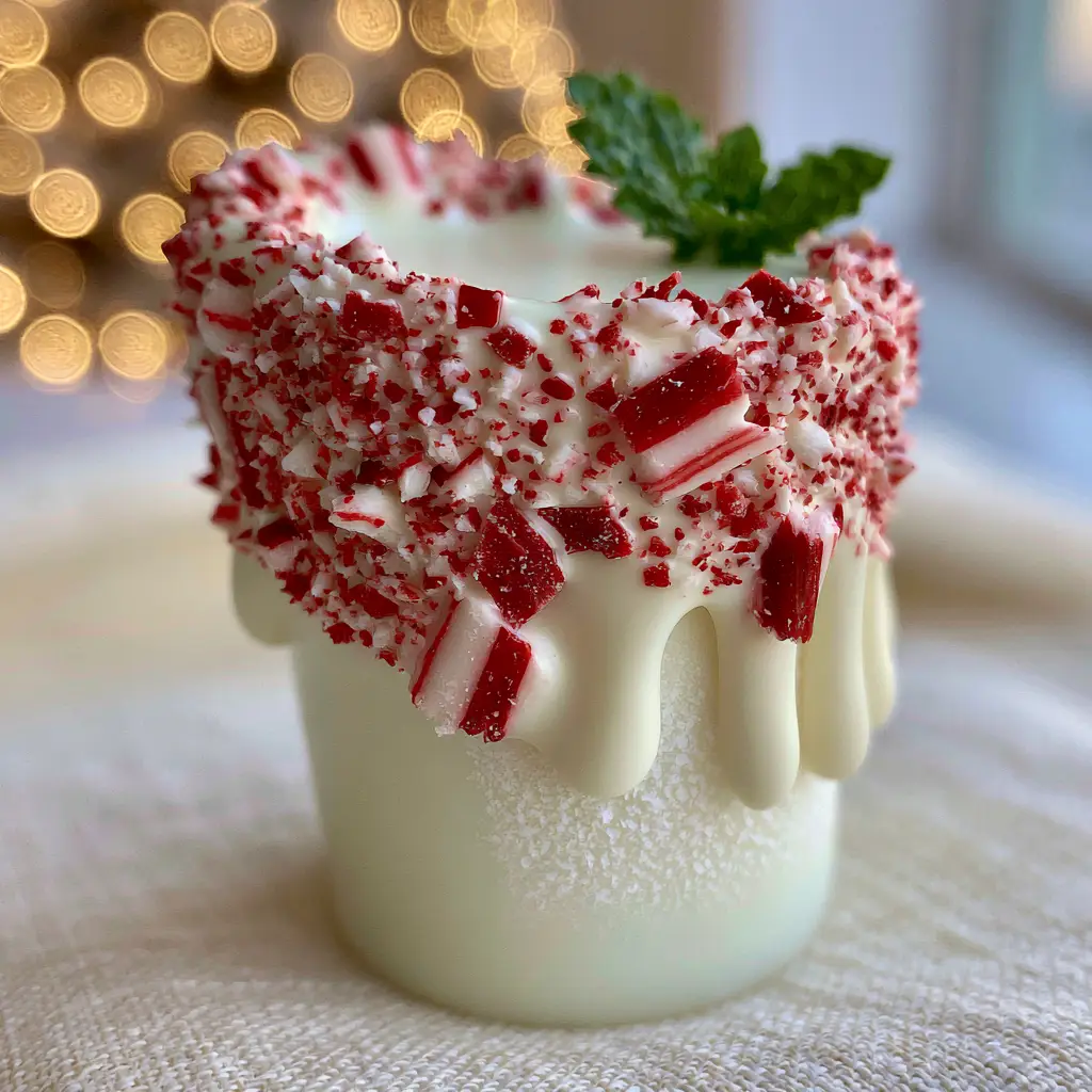 Christmas Peppermint Shots: The Ultimate Creamy Holiday Cocktail 1 Close up of the textured mosaic of red and white peppermint candy canes on the rim of a Christmas Peppermint Shot.