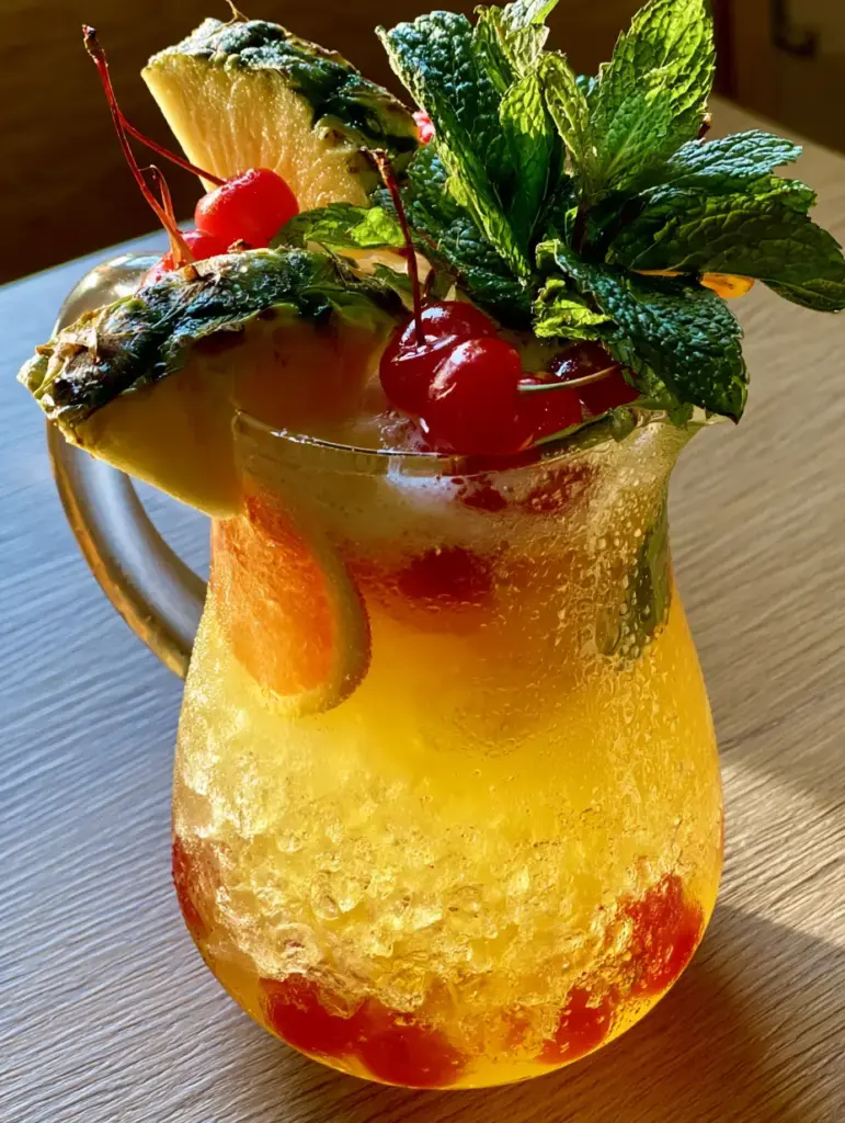 A full pitcher of pineapple rum punch on a wooden table with overflowing fresh fruit and mint garnishes.