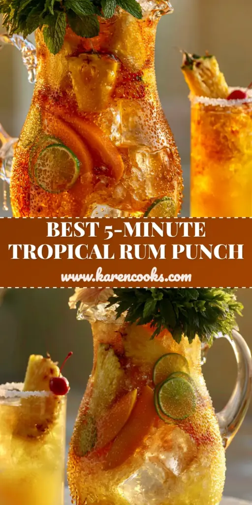 A tall highball glass of pineapple mango rum punch with a white sugar rim, pineapple wedge, and cherry garnish next to a frosty pitcher.