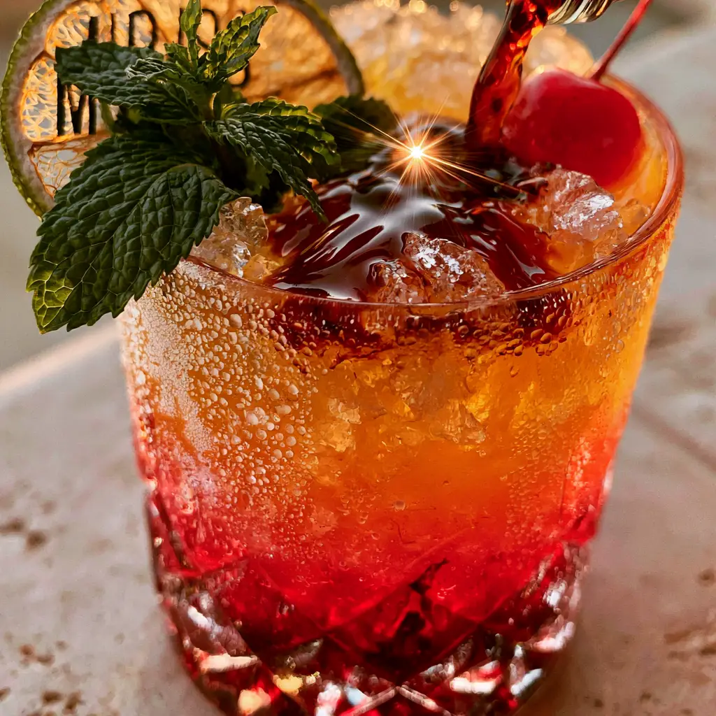 Close-up of frosted crystal glass filled with Rum Punch, dehydrated lime, and fresh mint.
