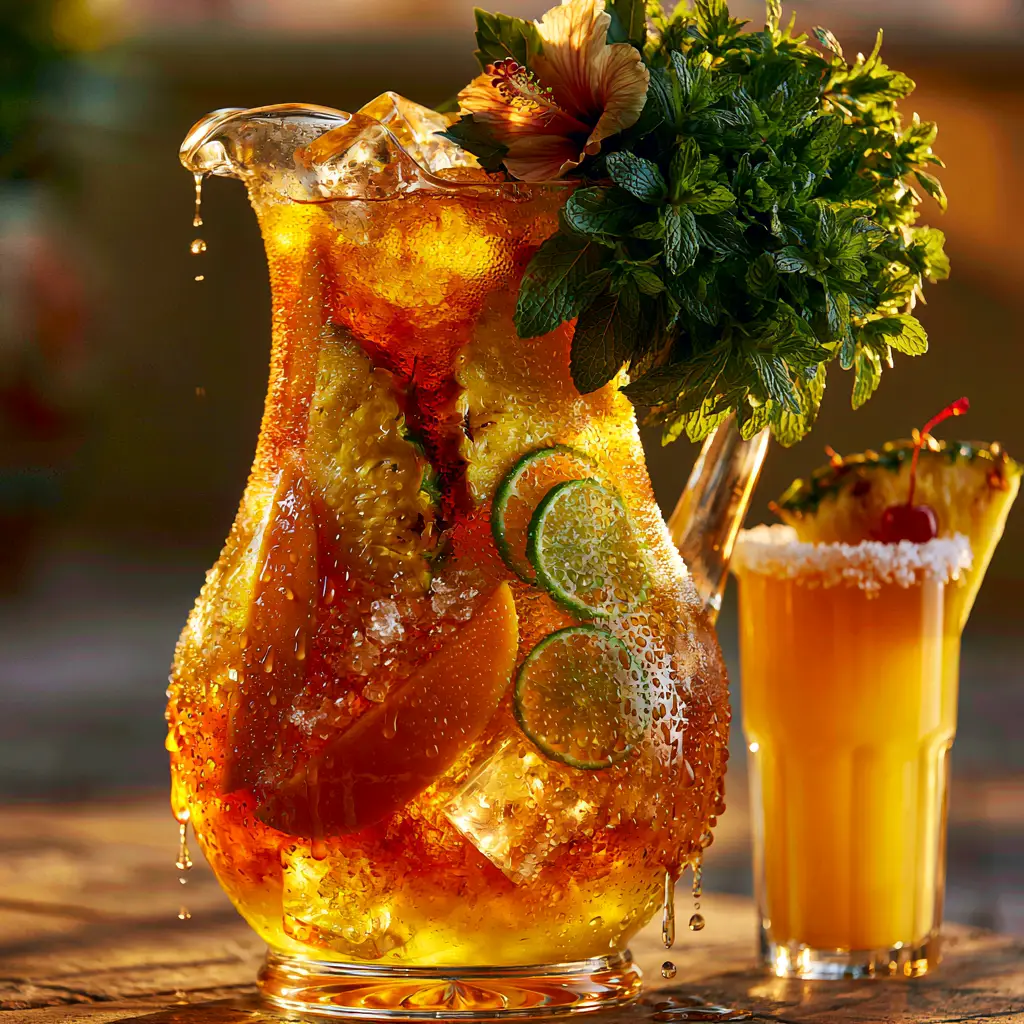 Close up of oversized ice cubes and tropical fruit slices in a golden amber rum punch liquid.