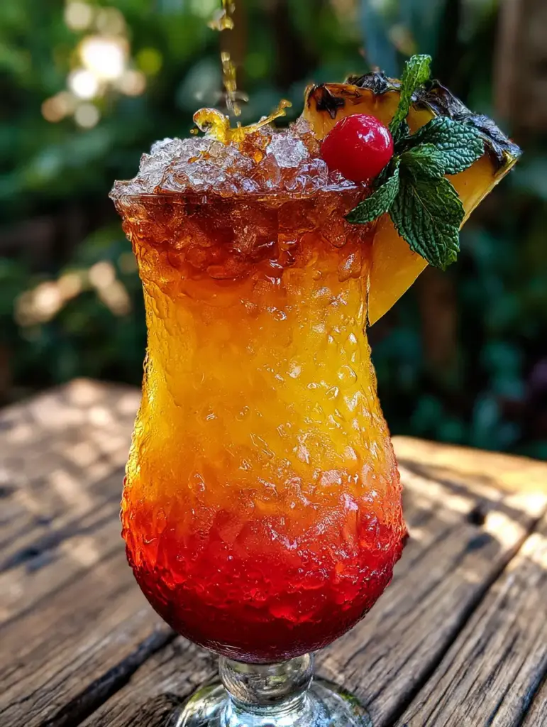 Jamaican Rum Punch: The Ultimate Layered Sunset Cocktail Recipe 2 A close-up of a Jamaican Rum Punch showing condensation on the glass and the deep crimson to gold gradient layers.