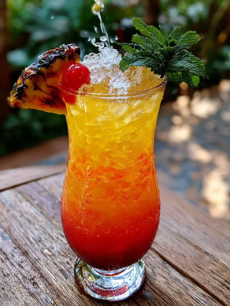 Jamaican Rum Punch: The Ultimate Layered Sunset Cocktail Recipe 1 Handheld shot of fresh lime being squeezed over a Jamaican Rum Punch with visible droplets and crushed ice.