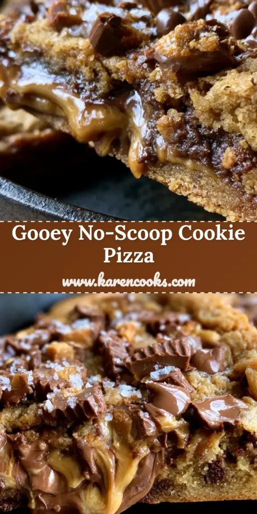 Peanut Butter Chocolate Chip Cookie Pizza: The Ultimate Gooey Skillet Dessert 4 A handheld smartphone photo of a thick, gooey slice of Peanut Butter Chocolate Chip Cookie Pizza being lifted from a cast iron skillet with melted chocolate and peanut butter rivers.