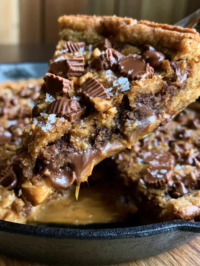 Peanut Butter Chocolate Chip Cookie Pizza: The Ultimate Gooey Skillet Dessert 2 Close-up of a Peanut Butter Chocolate Chip Cookie Pizza slice showing oozing milk chocolate pockets and thick rivers of creamy peanut butter.